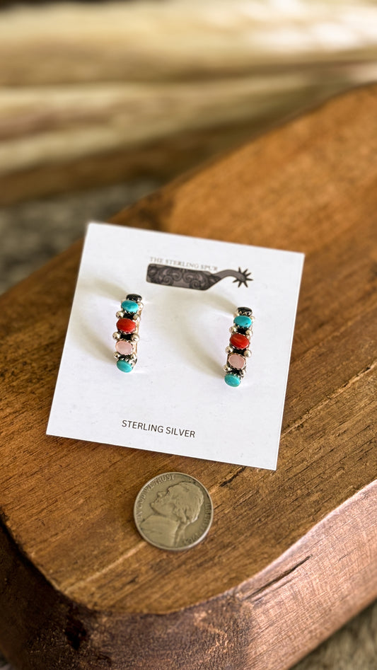 MULTI STONE QUARTER HOOPS POST EARRINGS