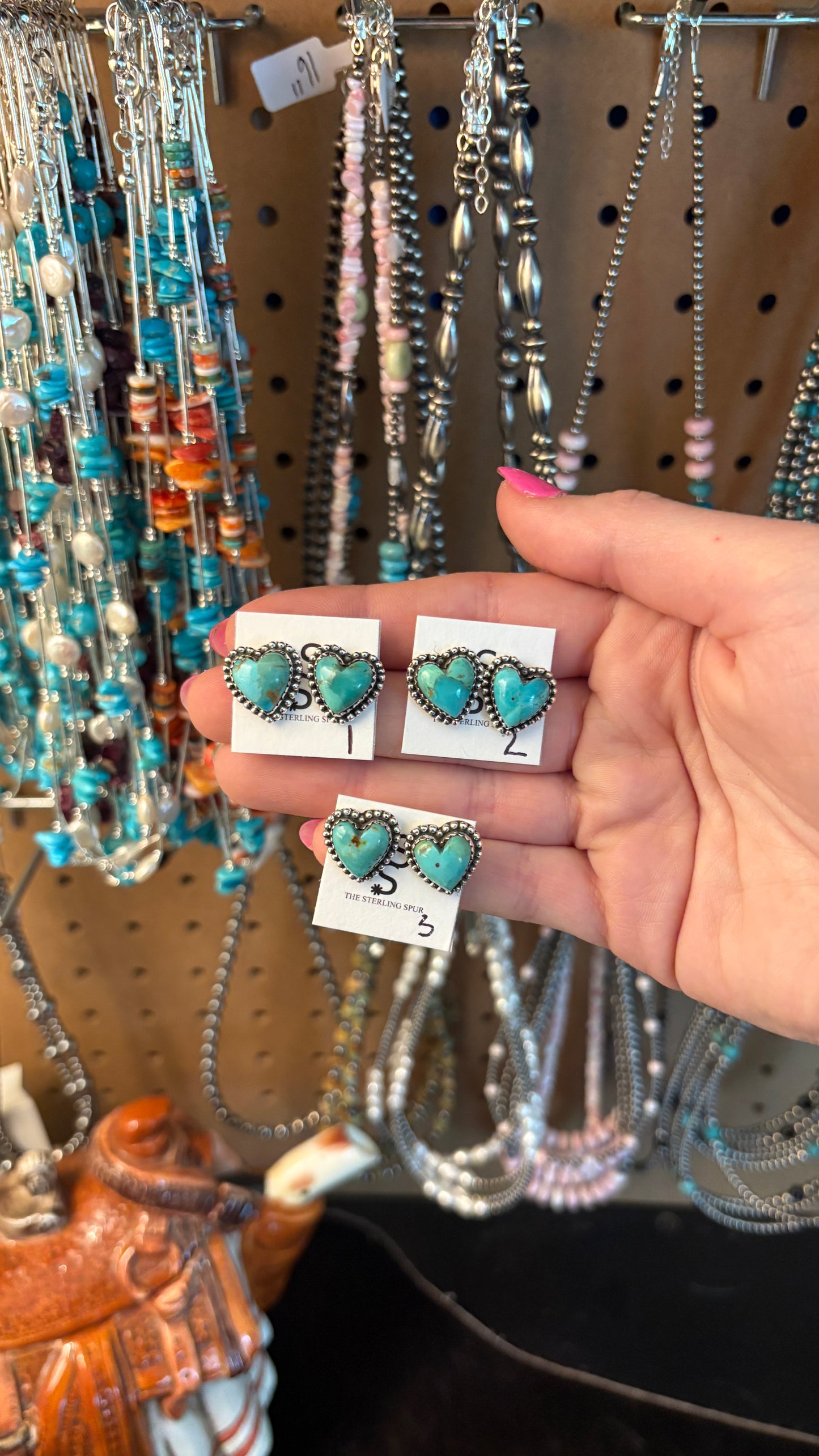 KINGMAN TURQUOISE HEART STUD EARRINGS W BALL DETAIL