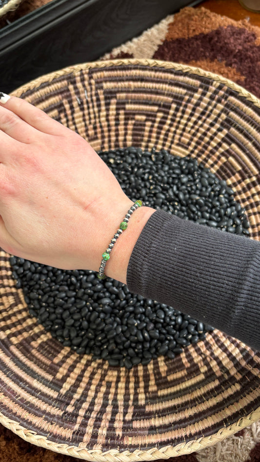 STERLING SILVER PEARL STRETCH BRACELET W SONORAN GOLD TURQUOISE BEADS