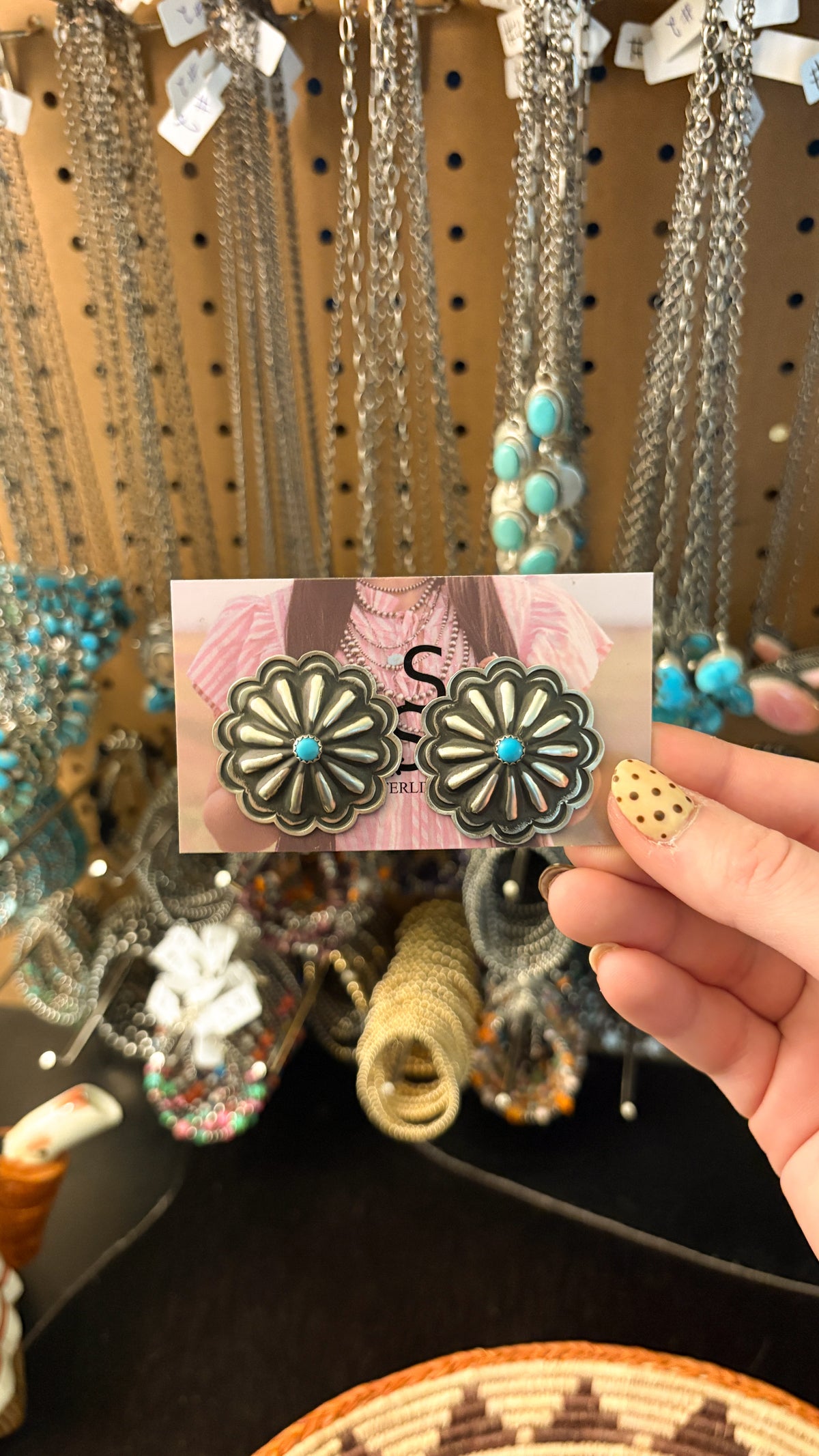 XL ROUND CONCHO EARRINGS W TURQUOISE STONE STAMPED L TAHE STERLING