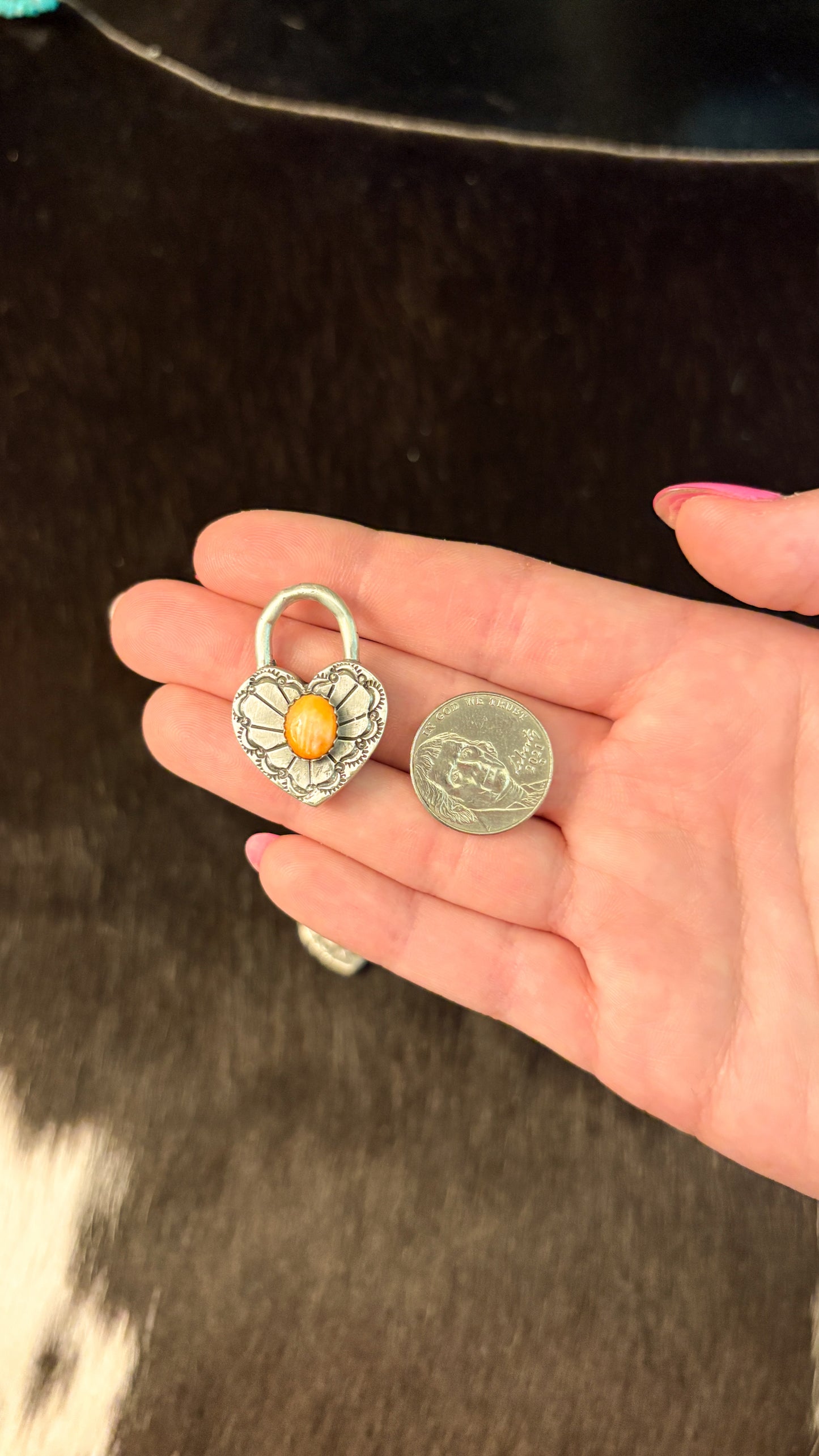 ORANGE SPINY OYSTER HEART LOCKET BY HAROLD TAHE