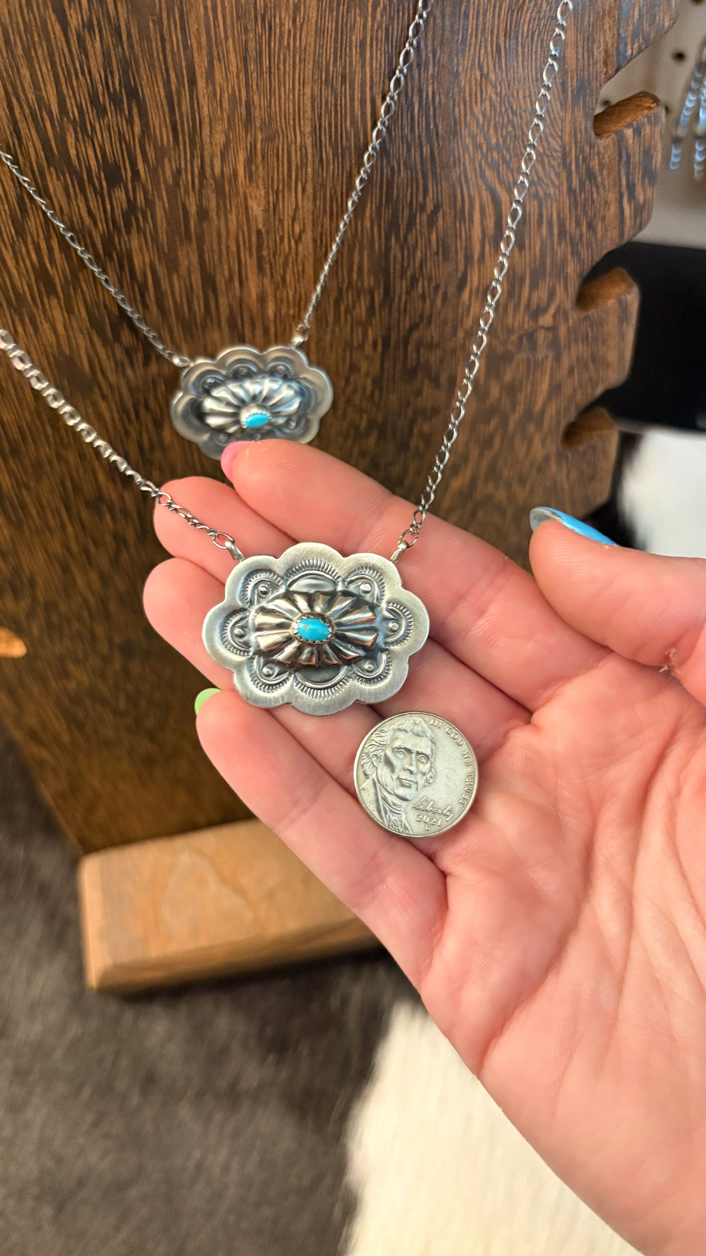 CONCHO NECKLACE W TURQUOISE STONE BY LAVINA BENALLY