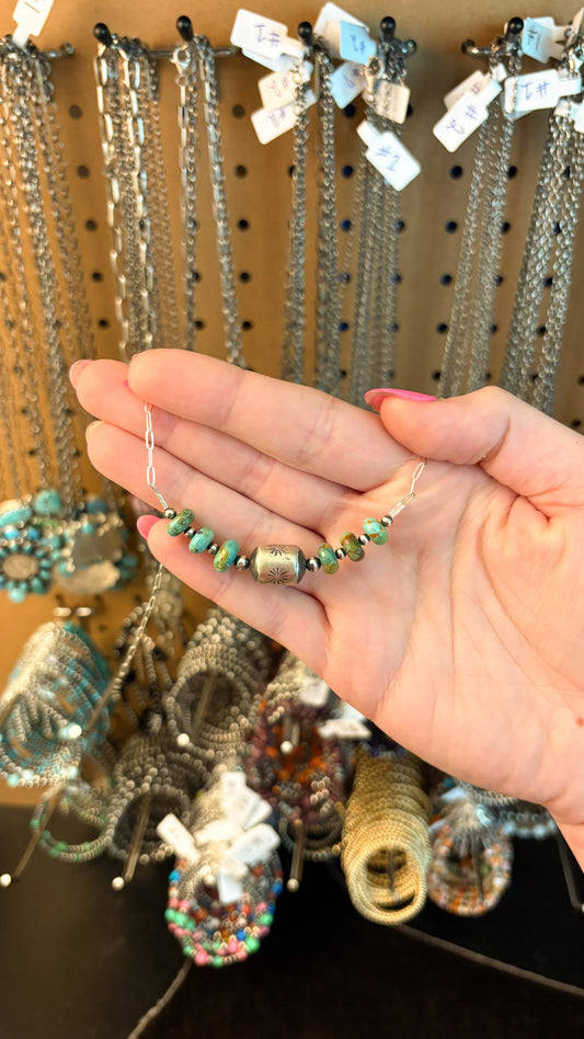GREEN KINGMAN TURQUOISE BARREL BEAD CHAIN NECKLACE