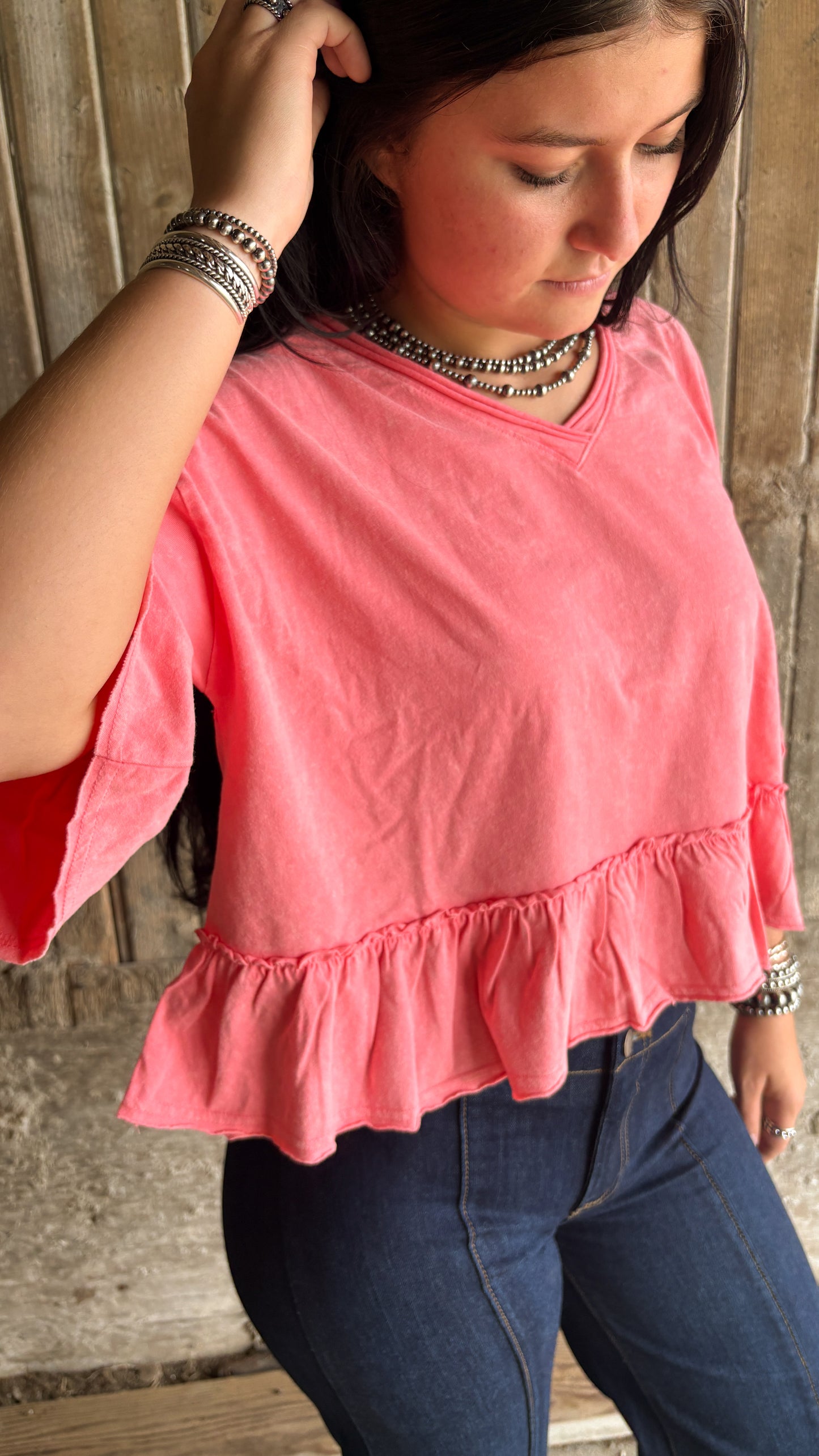 CORAL V NECK RUFFLE TOP