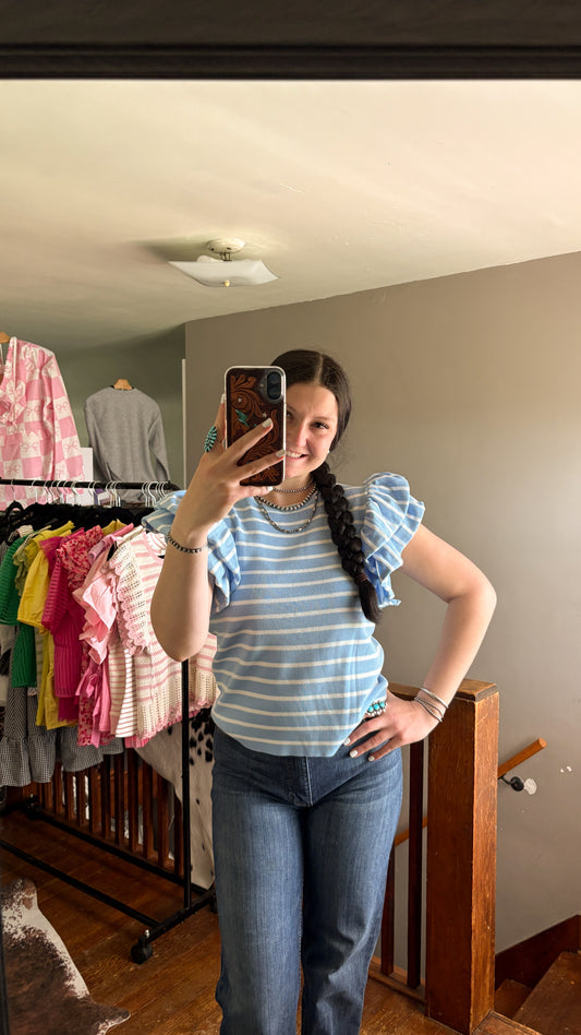 BLUE STRIPED RUFFLE TOP