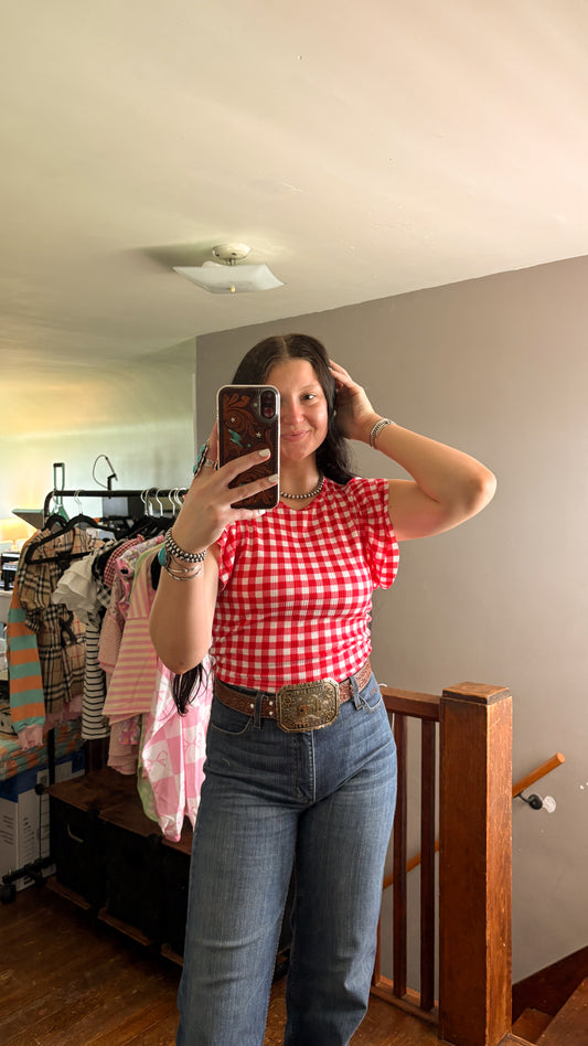 CROPPED GINGHAM RUFFLE TOP - RED