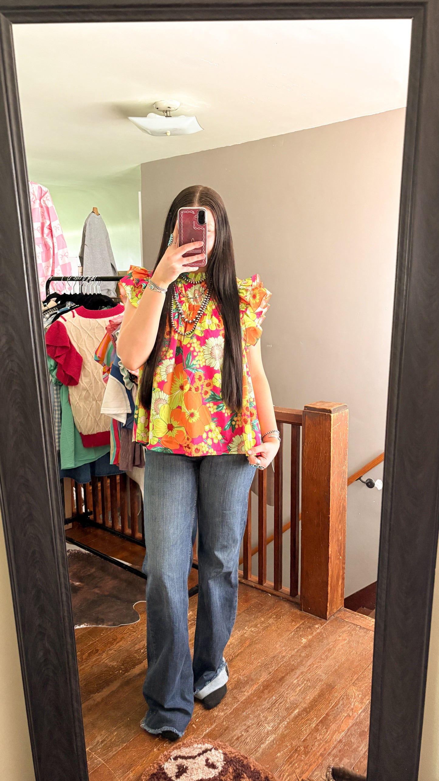 NEON FLORAL RUFFLE BLOUSE
