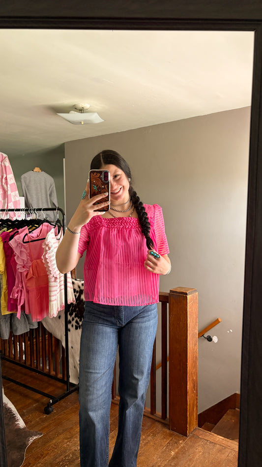 STRIPED PUFF SLEEVE TOP - HOT PINK