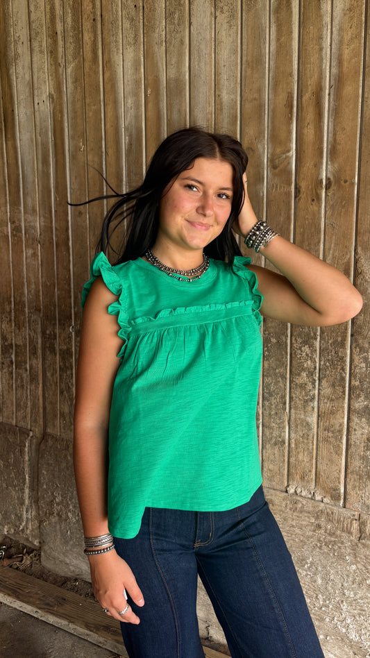 KELLY GREEN RUFFLE TOP