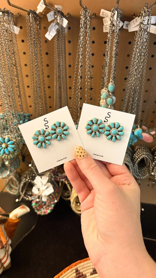 MEDIUM ROUND BLUE TURQUOISE CLUSTER EARRINGS