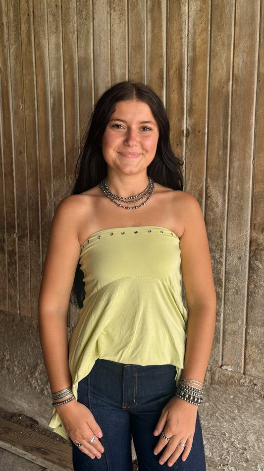 GREEN EYELET DETAIL FLOWY TUBE TOP