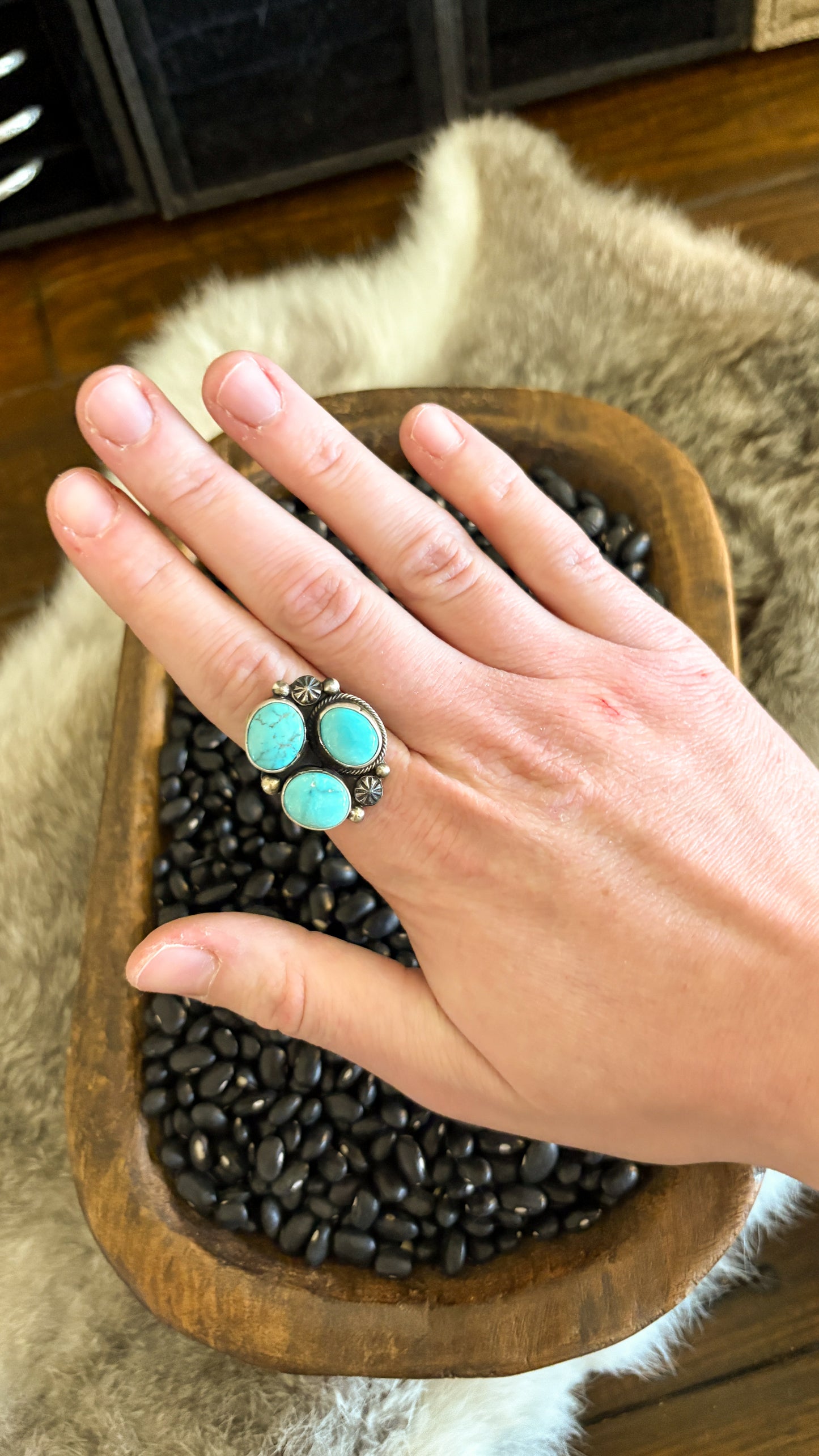 3 STONE TURQUOISE ADJUSTABLE STATEMENT RING