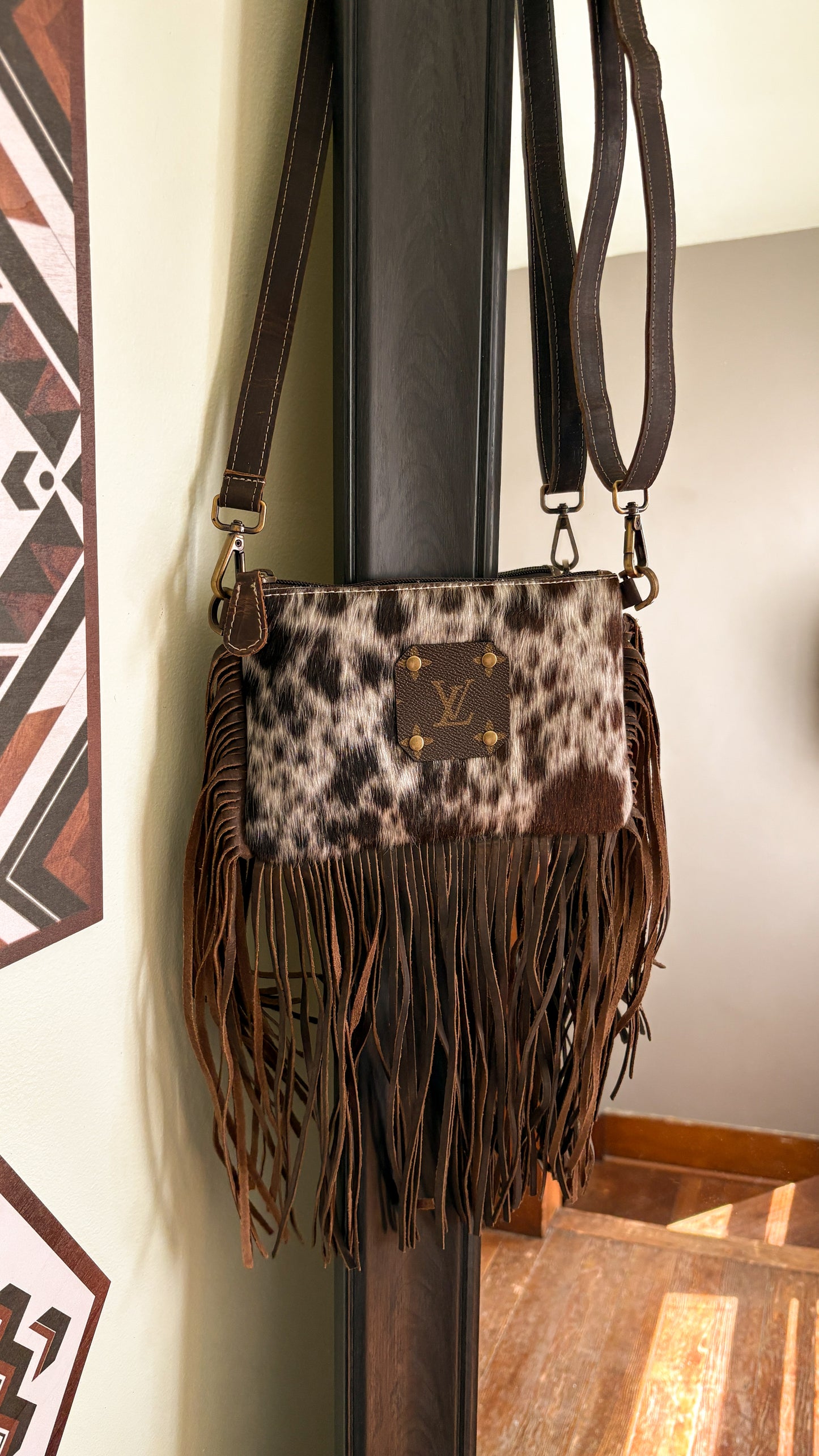 UPCYCLED LV FRINGE CROSSBODY BAG - DARK BROWN