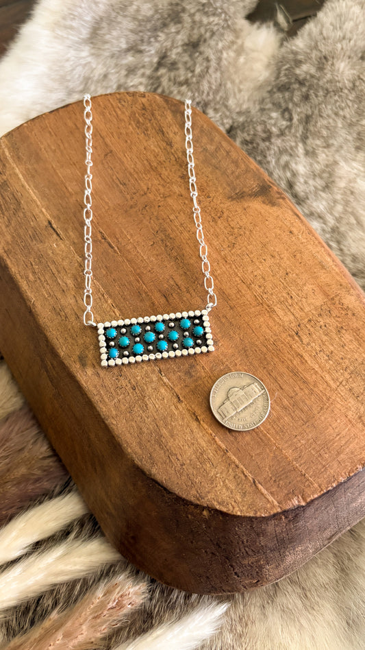 12 STONE KINGMAN TURQUOISE RECTANGULAR BAR NECKLACE BY KENNY LONJOSE