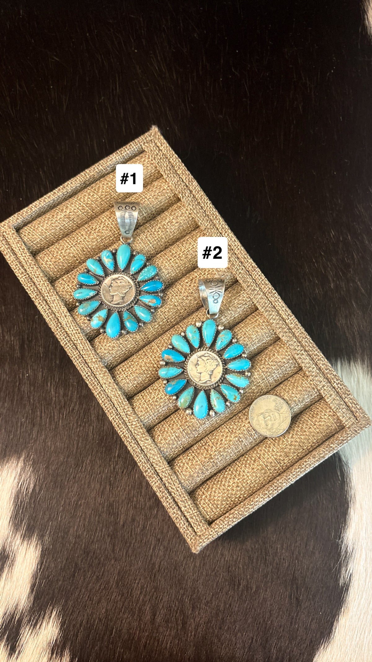 MERCURY DIME TURQUOISE CLUSTER PENDANT STAMPED A SPENCER STERLING