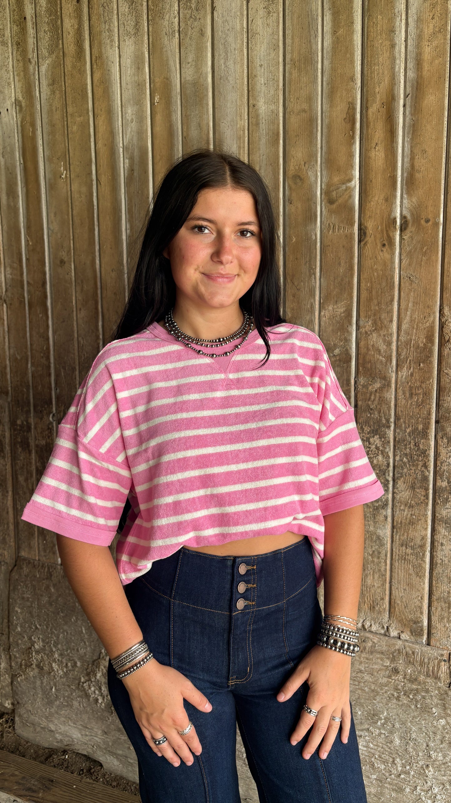 PINK & CREAM SHORT SLEEVE TOP
