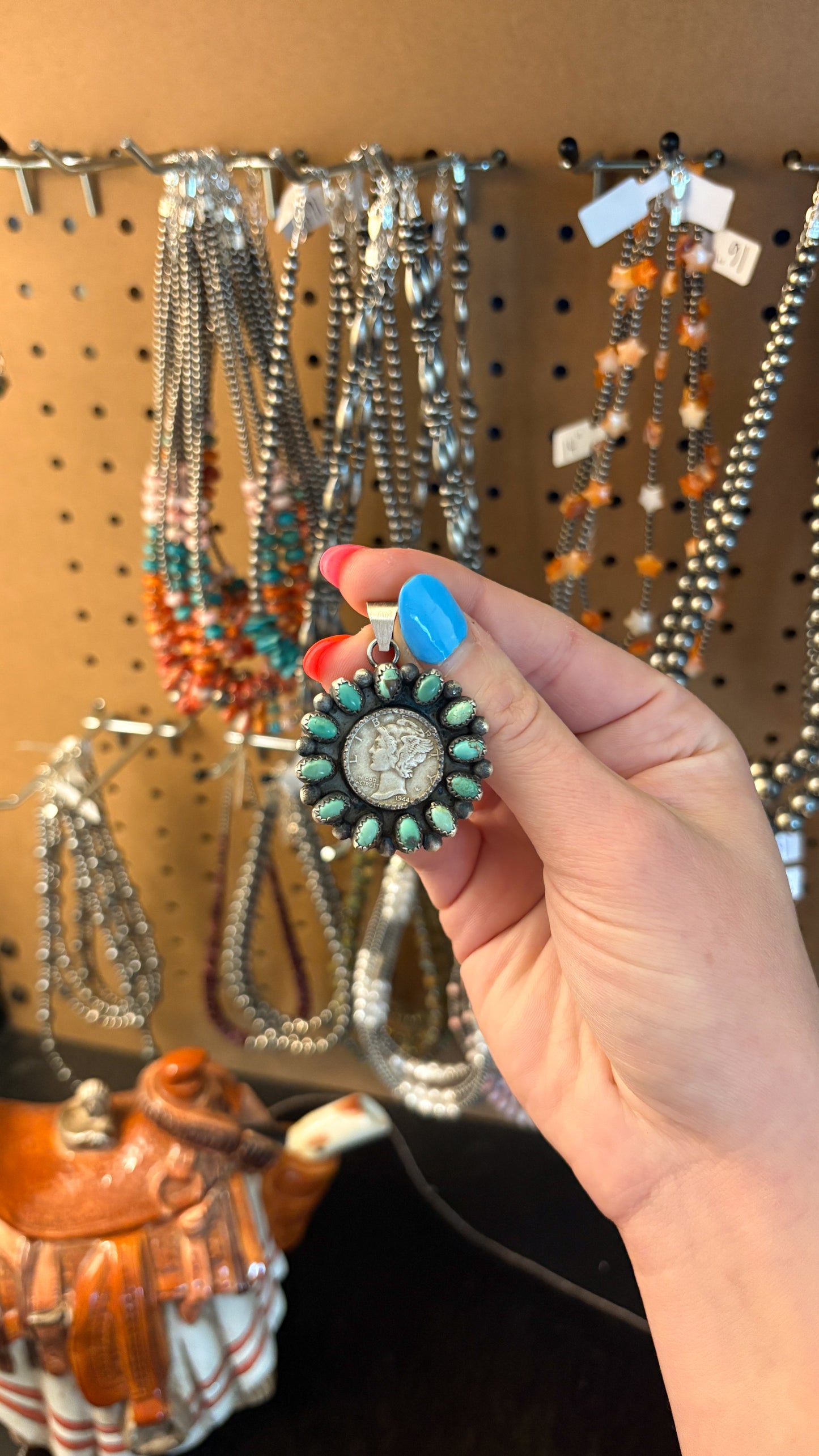 1944 GREEN TURQUOISE MERCURY DIME CLUSTER PENDANT BY ELI SKEETS