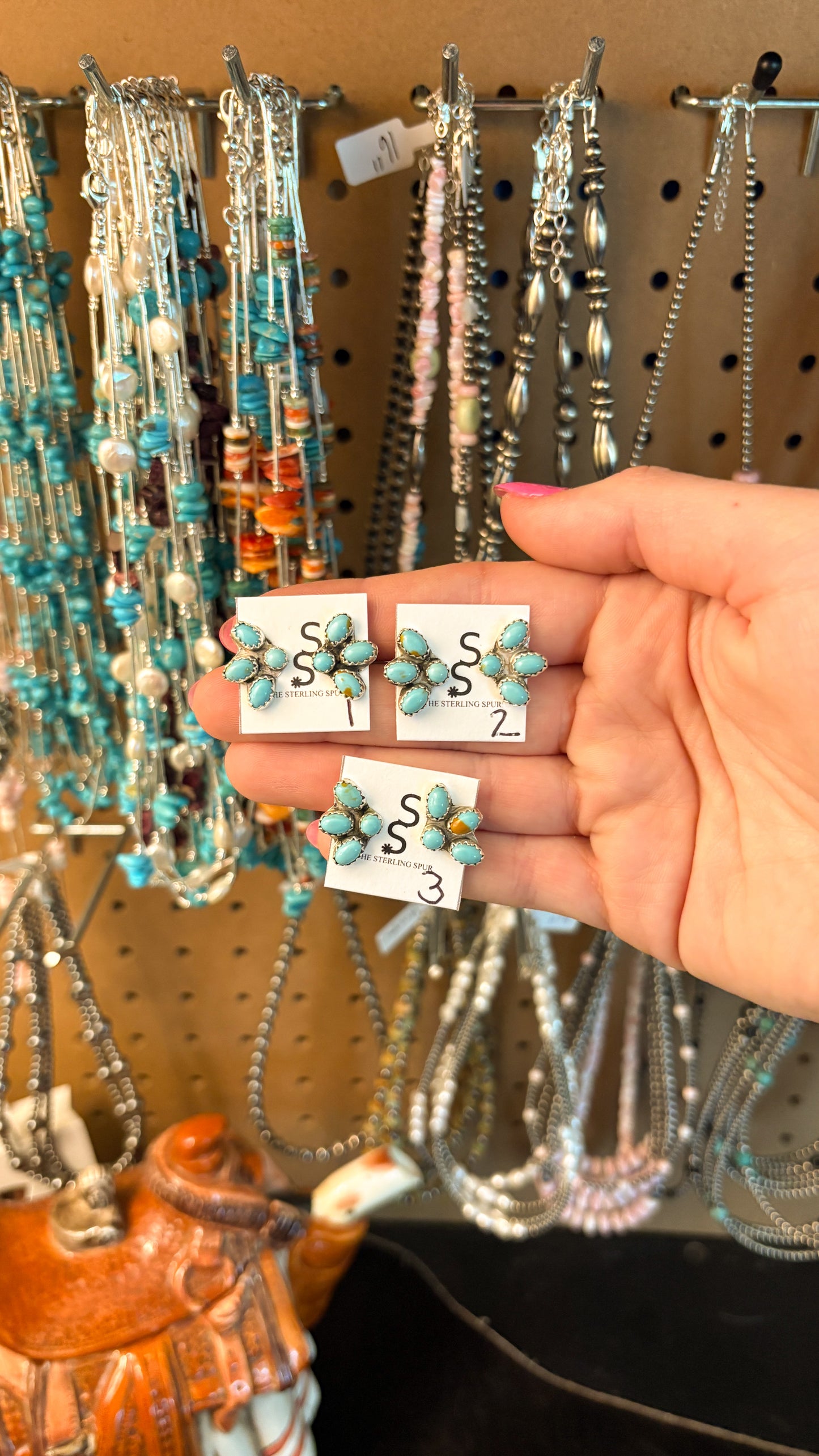 MINI KINGMAN TURQUOISE HALF CLUSTER EARRINGS BY MAXINE RAMIREZ
