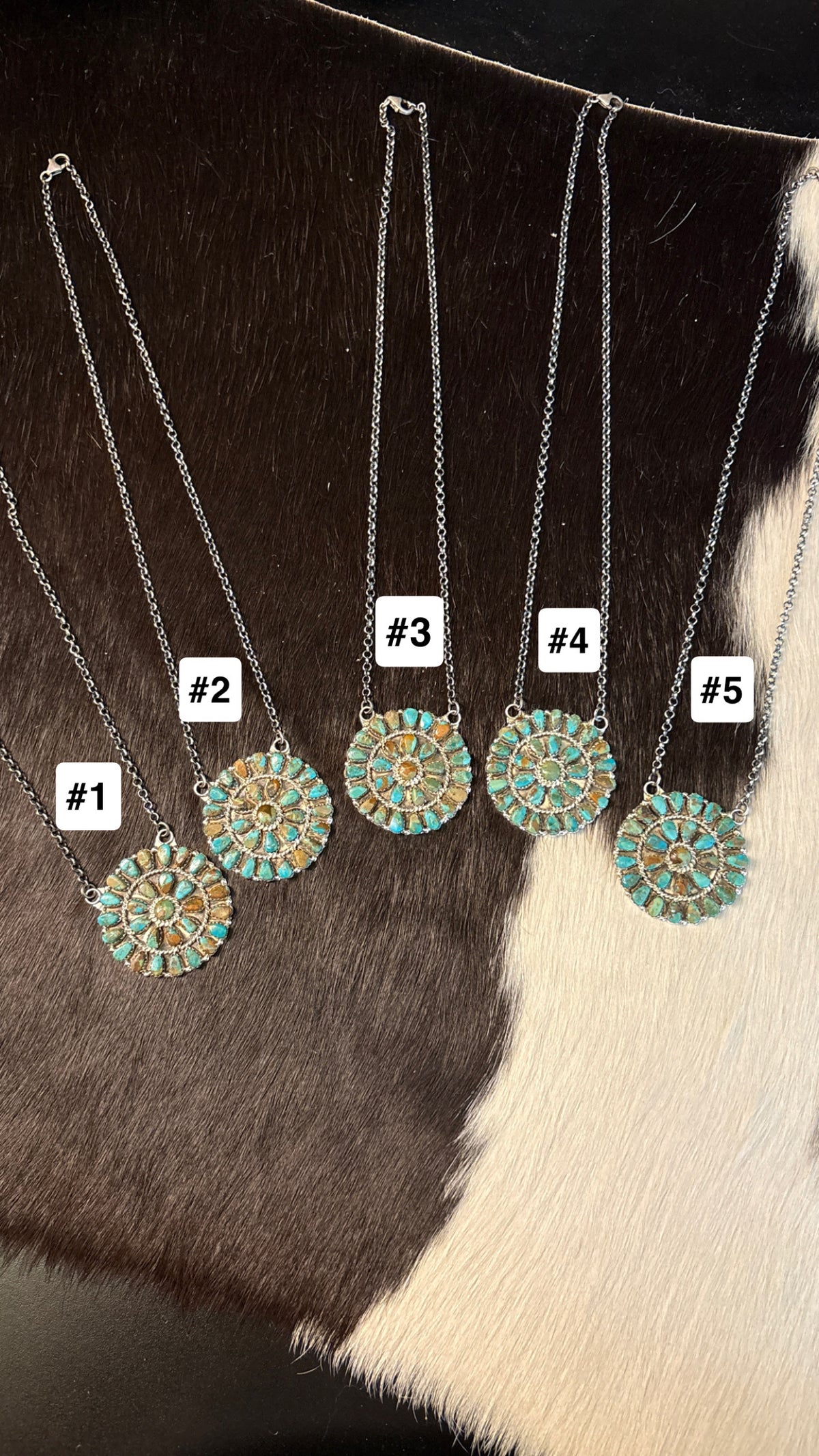 ROUND GREEN TURQUOISE CLUSTER NECKLACE STAMPED B STERLING
