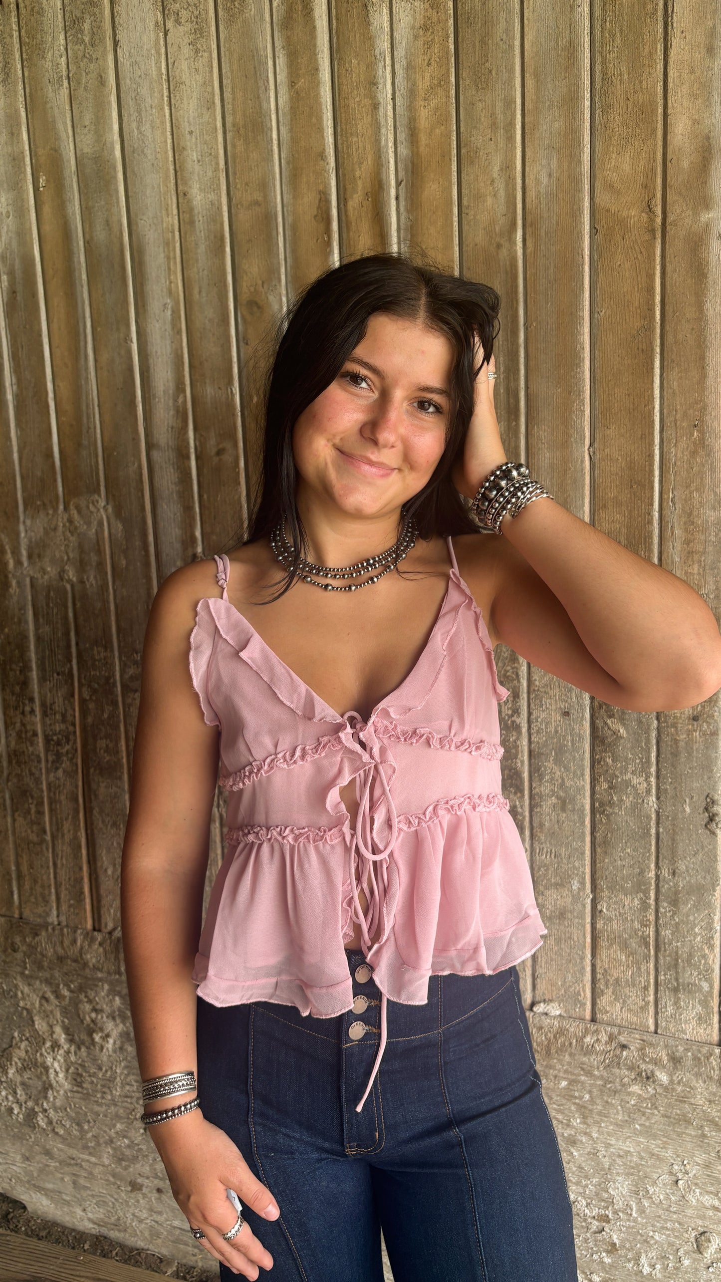 SLEEVELESS RUFFLE CAMI TOP - PINK