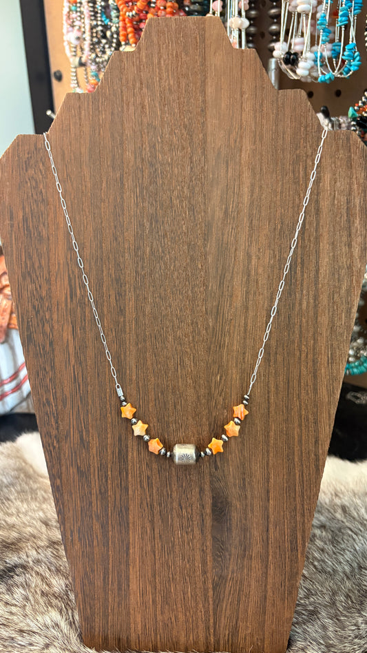 ORANGE SPINY STAR BARREL BEAD CHAIN NECKLACE