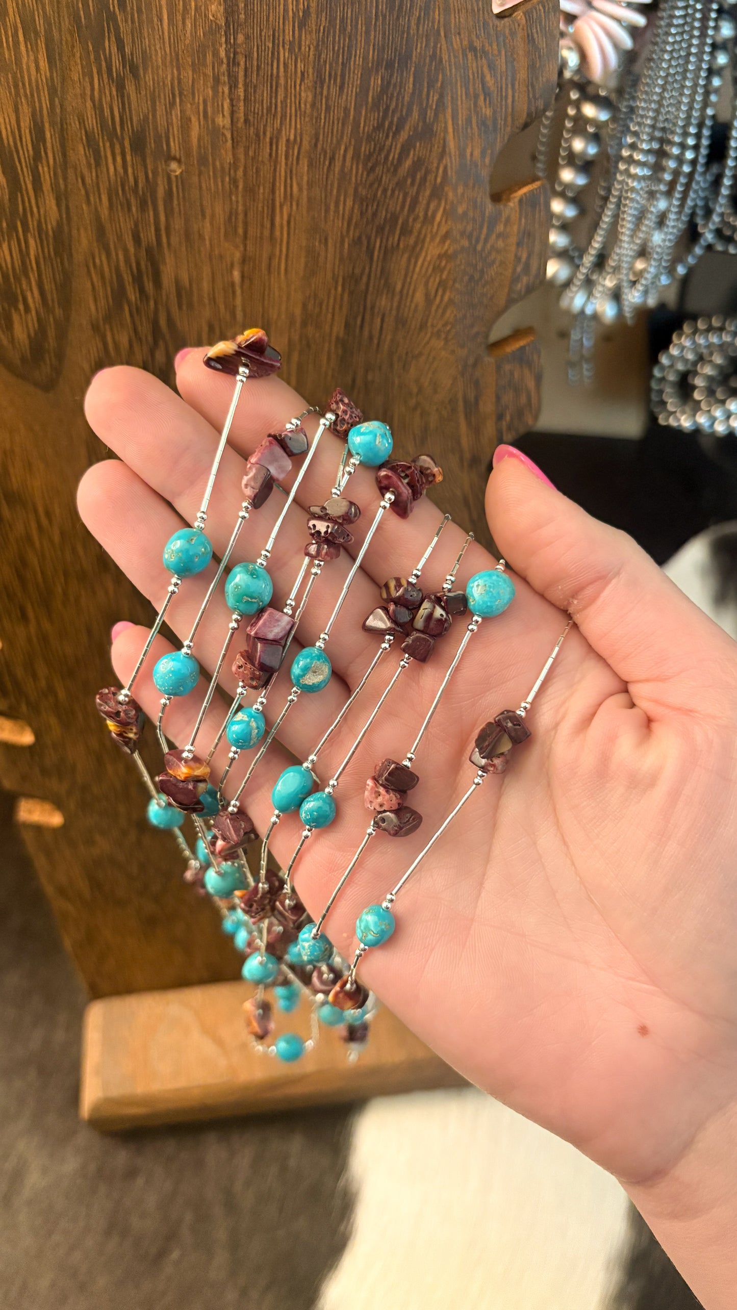 LIQUID SILVER KINGMAN TURQUOISE & PURPLE SPINY NECKLACE