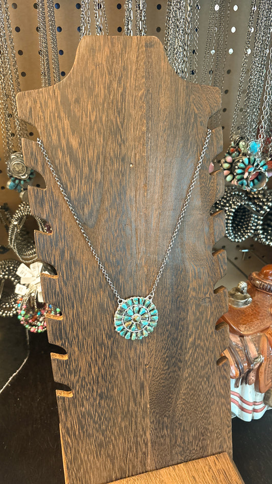 ROUND GREEN TURQUOISE CLUSTER NECKLACE STAMPED B STERLING