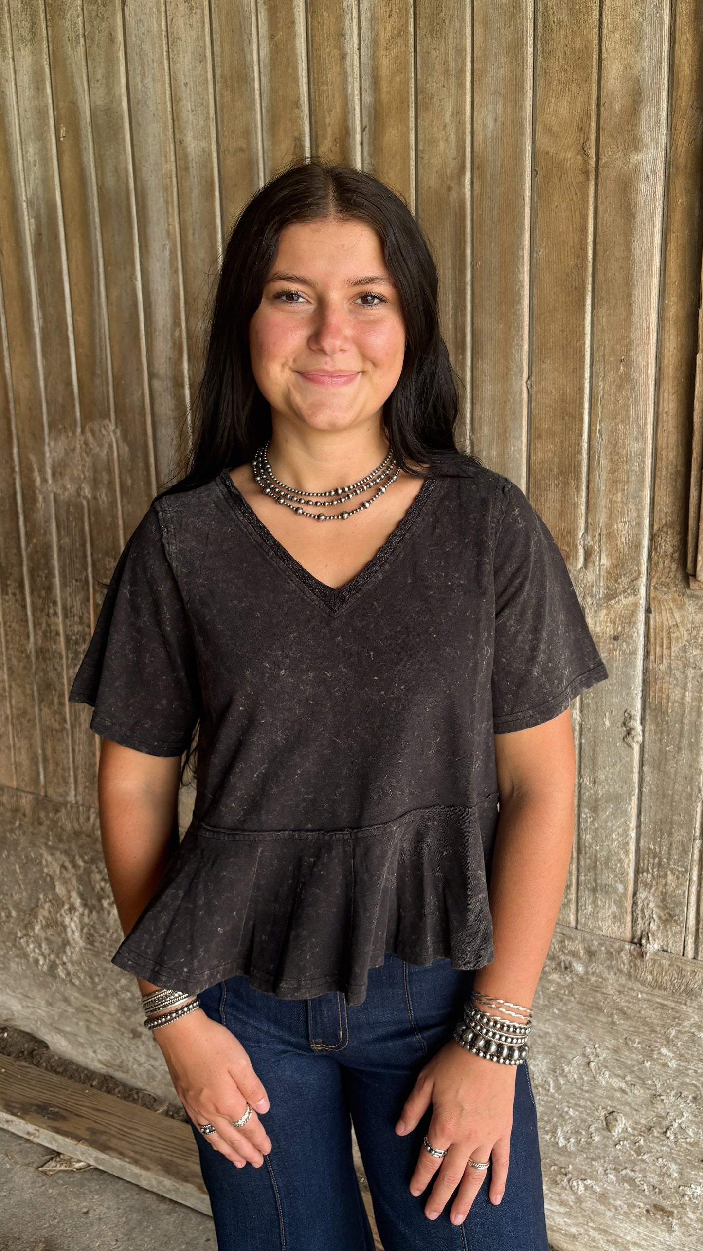 ACID WASH RUFFLE TOP - BLACK