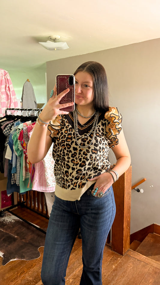 CHEETAH PRINT RUFFLE SWEATER VEST