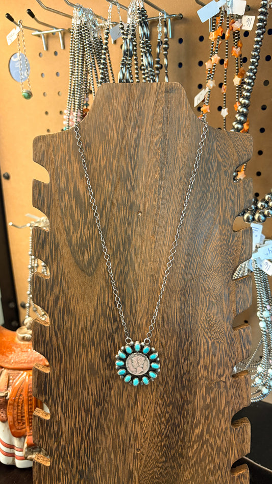 1944 TURQUOISE MERCURY DIME CLUSTER NECKLACE BY ELI SKEETS