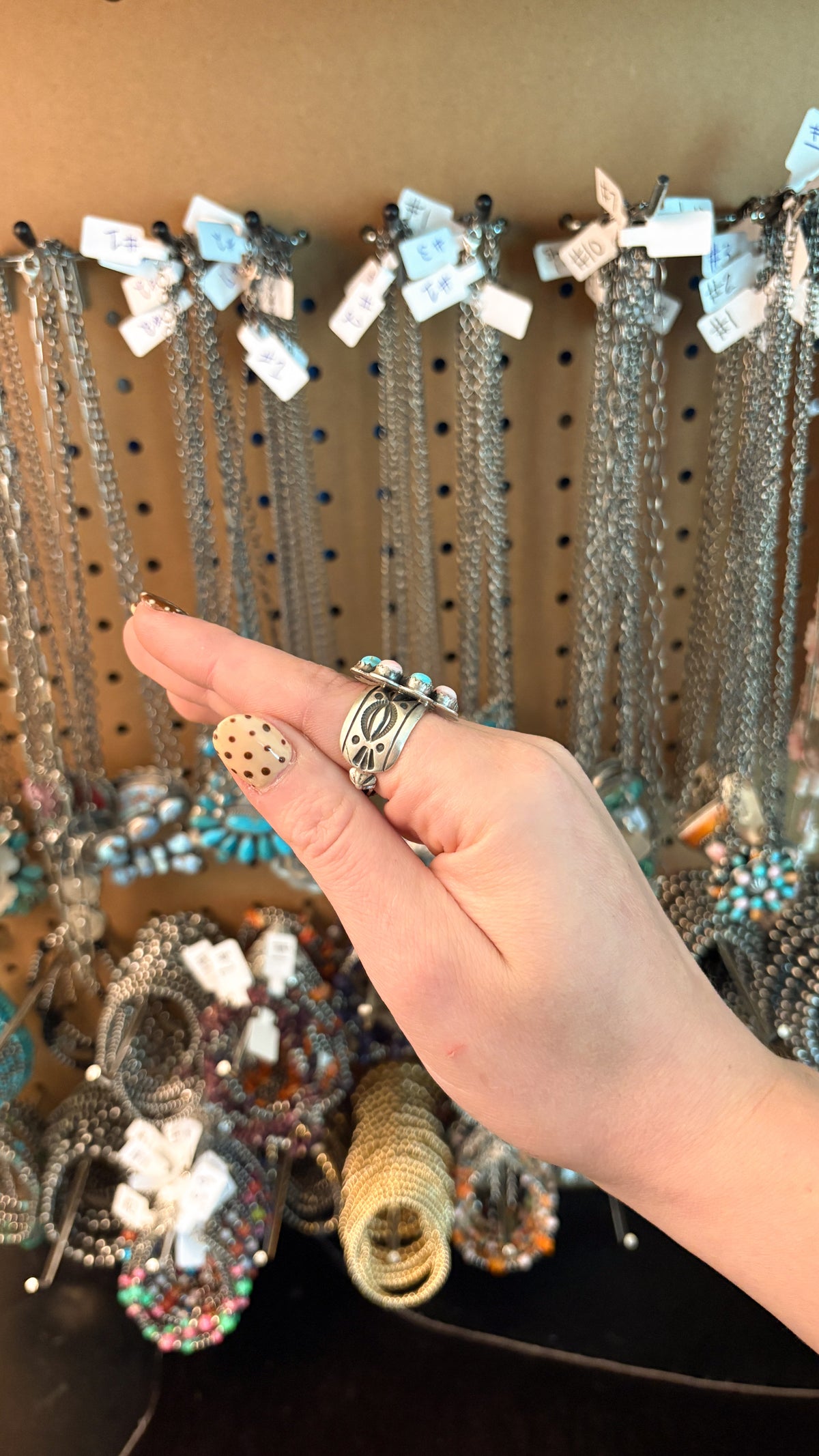 TURQUOISE & PINK CONCH STARSHOT CLUSTER RING W STAMPED CIGAR BAND