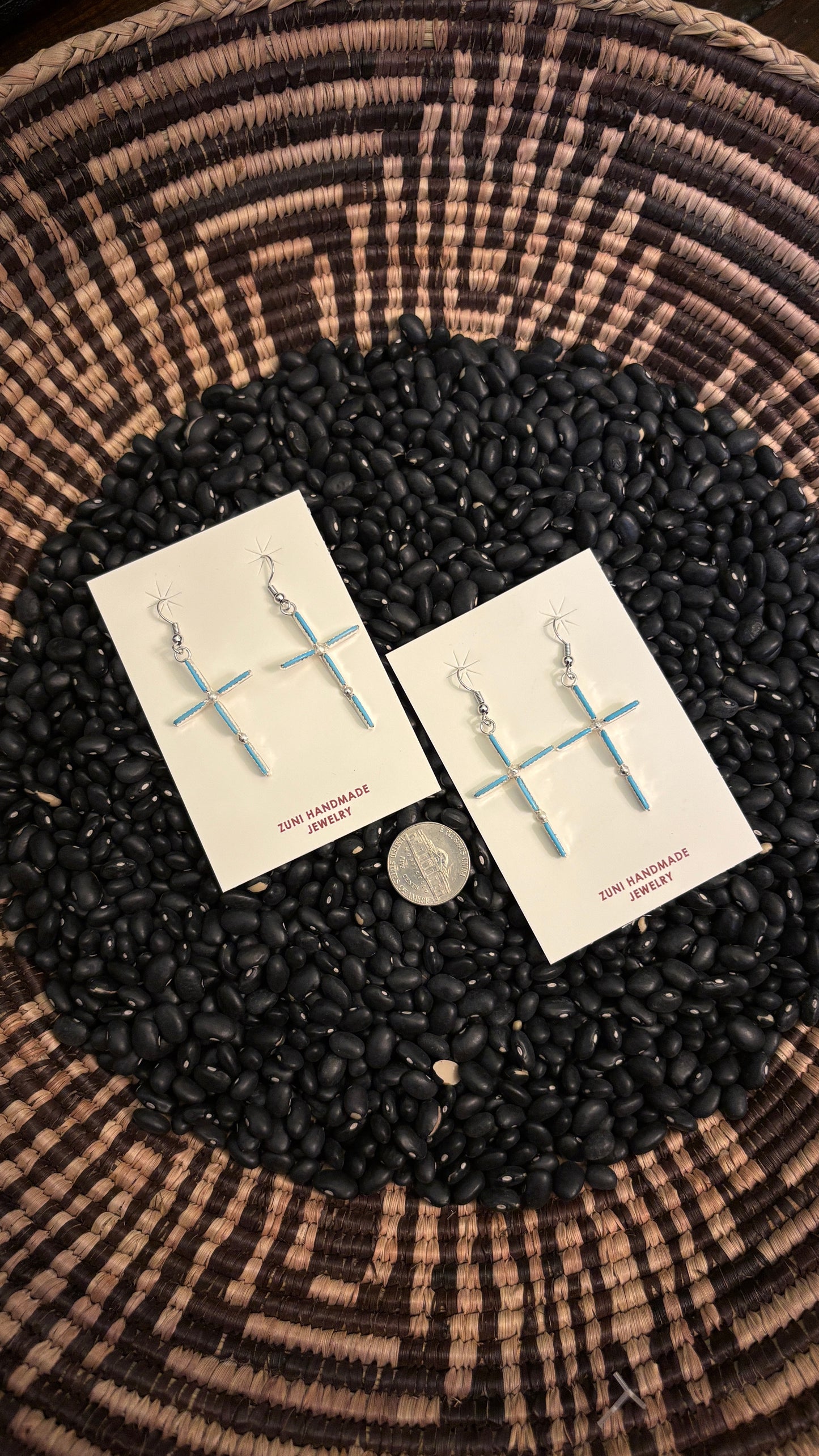 NEEDLEPOINT KINGMAN TURQUOISE ZUNI CROSS DANGLE EARRINGS