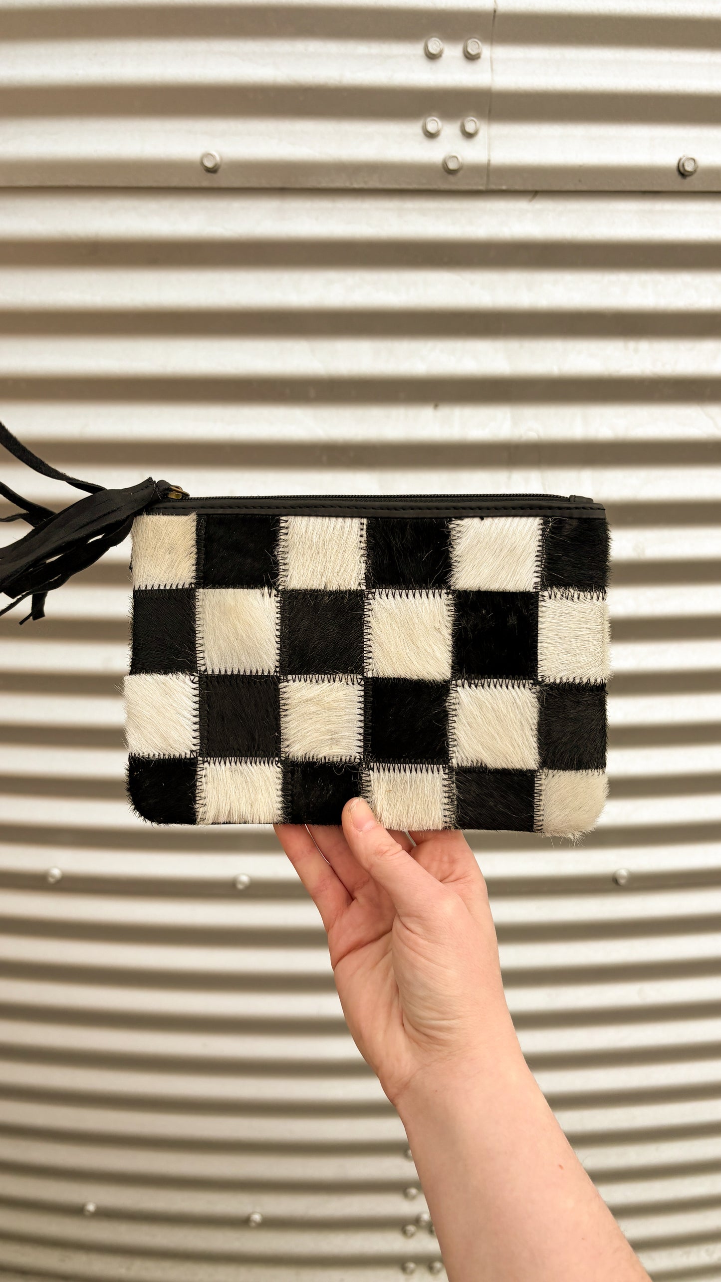 CHECKERED COWHIDE WRISTLET - BLACK