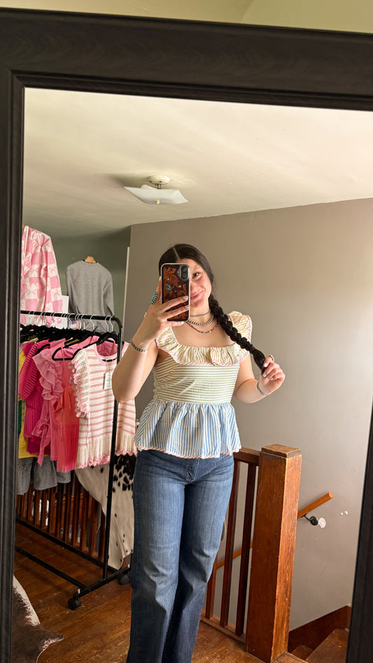 STRIPED MULTI COLOR RUFFLE TOP