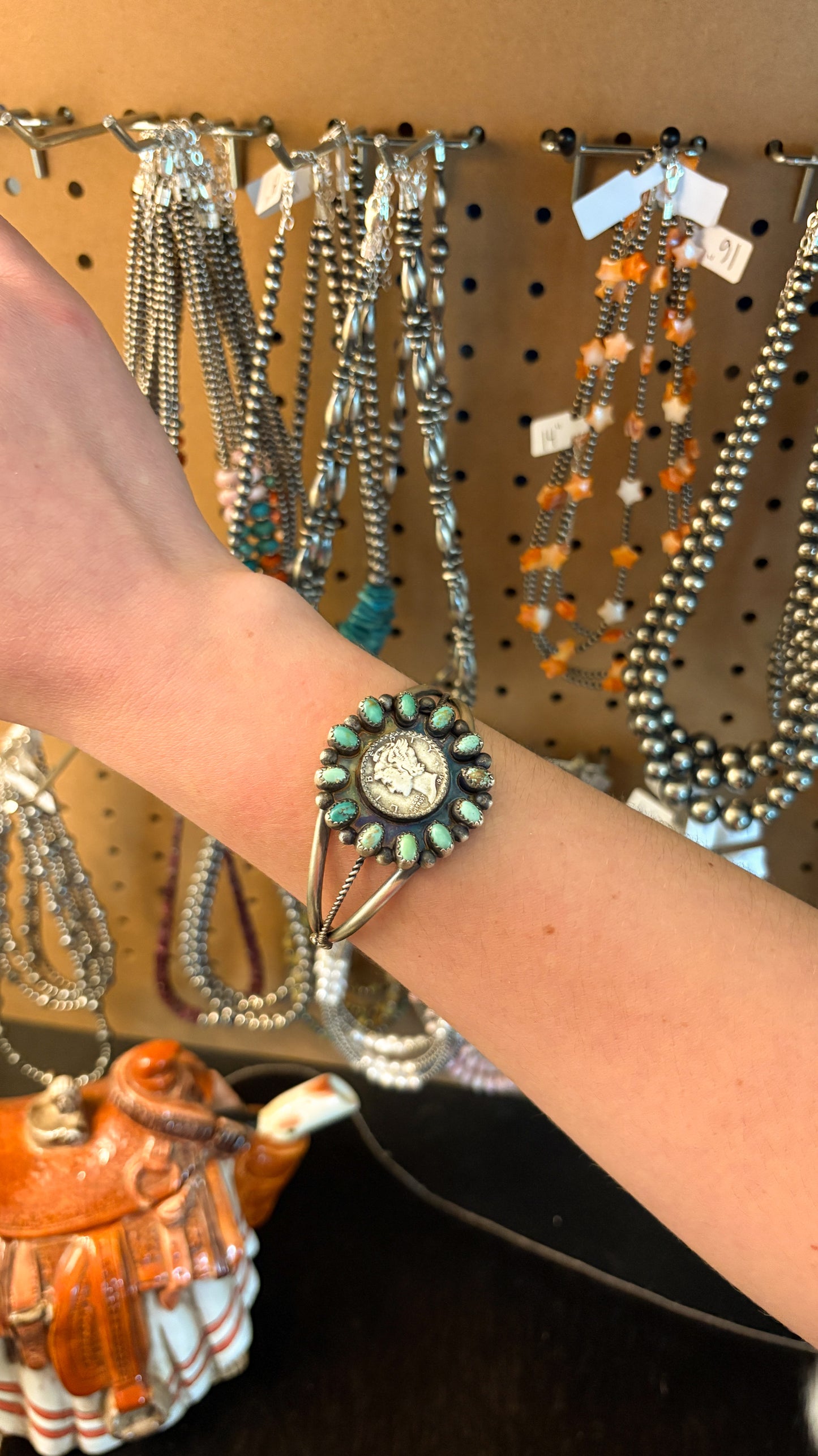 1941 GREEN TURQUOISE MERCURY DIME CLUSTER CUFF BY ELI SKEETS