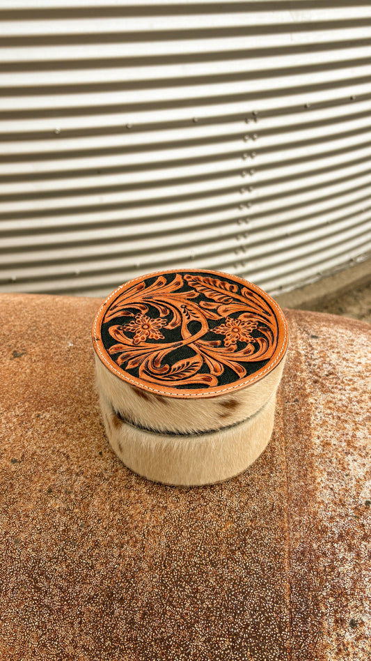 ROUND LEATHER TOOLED & COWHIDE JEWELRY BOX
