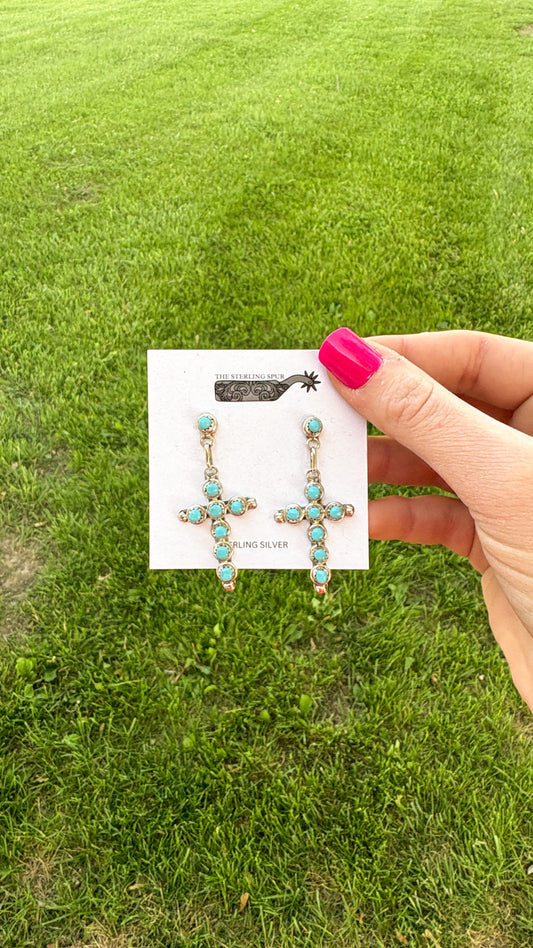TURQUOISE CROSS DANGLE EARRINGS BY DAVIS KAMASSE