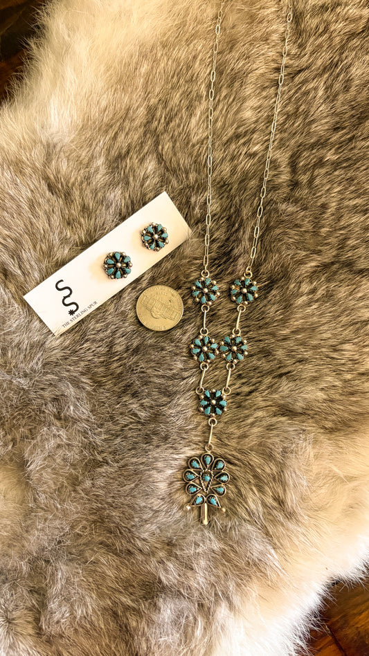 PETIT POINT TURQUOISE NECKLACE & EARRING SET BY TRICIA LEEKITY