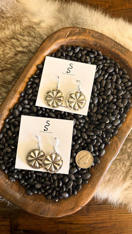 PLAIN FLOWER CONCHO DANGLE EARRINGS BY JOAN BEGAY