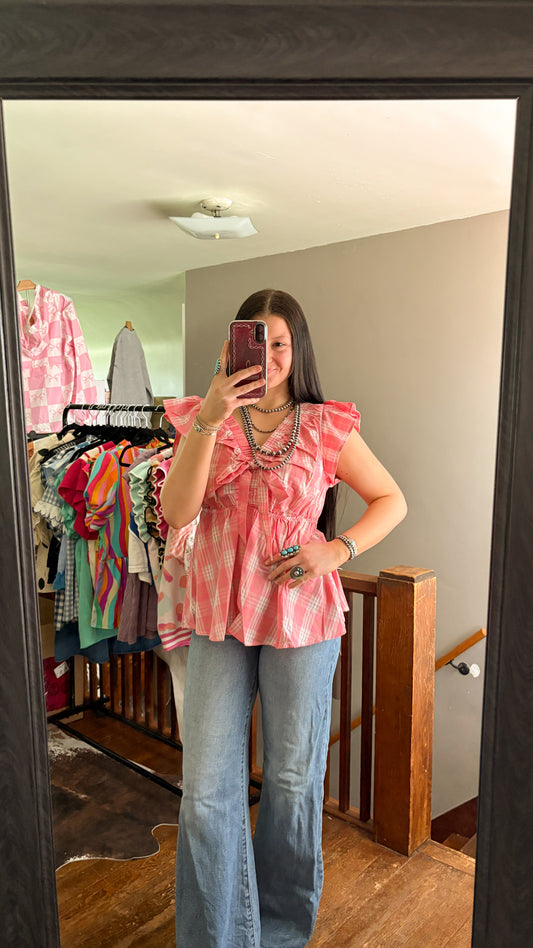 GINGHAM RUFFLE BOW TOP - PINK