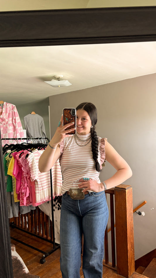 LEATHER RUFFLE SLEEVE STRIPED TANK