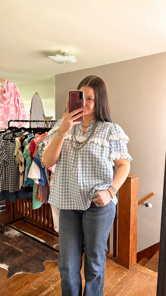 BLUE GINGHAM SCALLOPED TOP