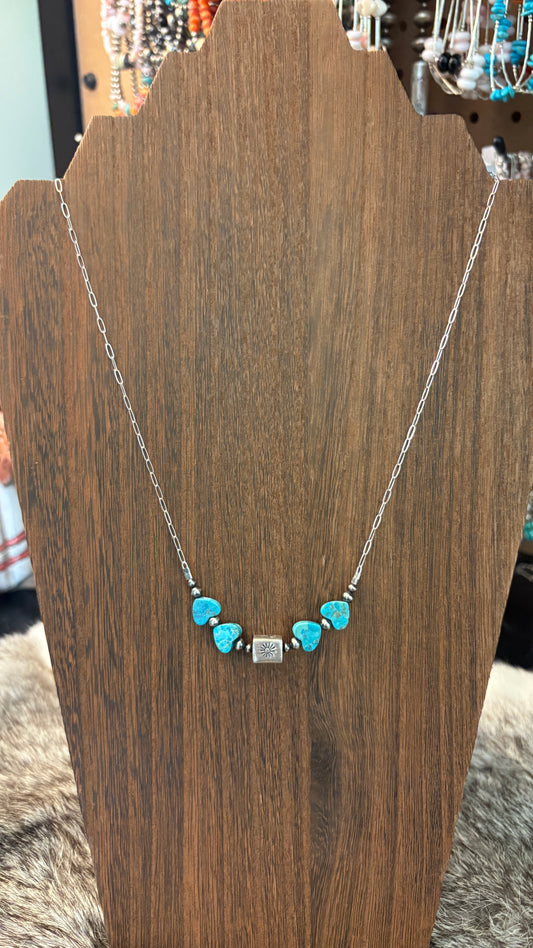TURQUOISE HEART BARREL BEAD CHAIN NECKLACE