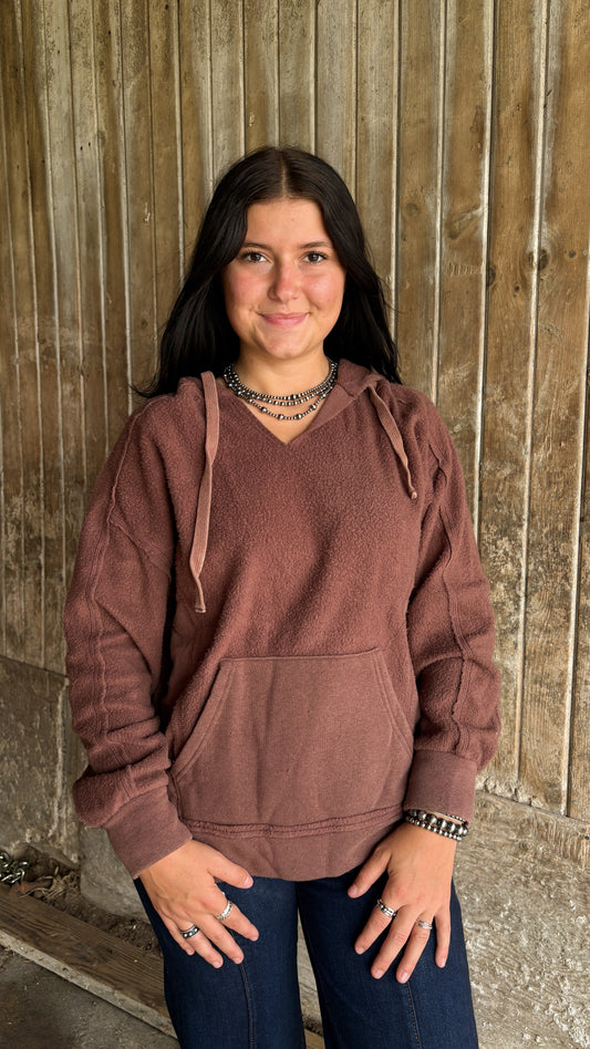 MOCHA FLEECE V NECK SWEATER W HOODIE